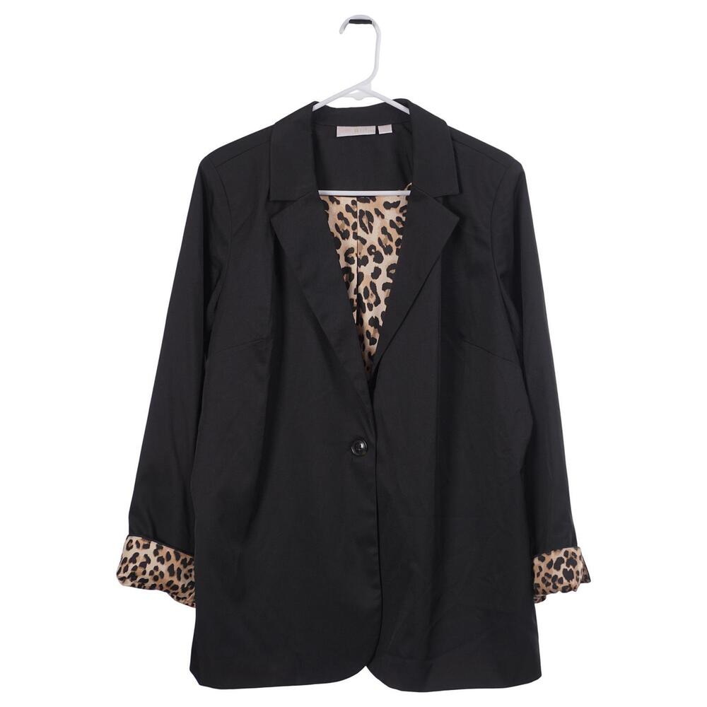 Belle by Kim Gravel Animal Pop Blazer L Black Leopard Print 1-Button Jacket